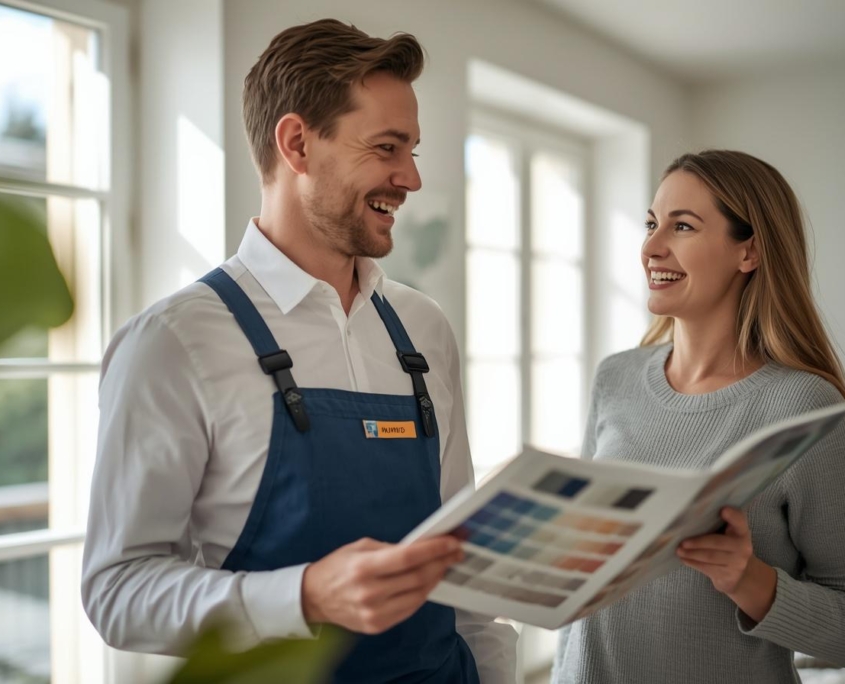 A friendly, professional house painter in a neat uniform discussing color options with a smiling Swiss homeowner in a sunlit living room. The painter is holding a premium color swatch book and pointing at a shade. Trustworthy, excellent (1)