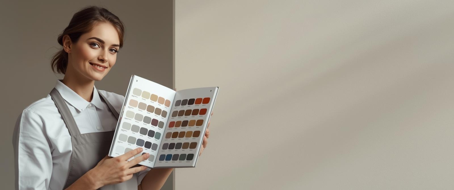 First-person point of view luxury commercial photography for web header. On the left side of the frame, a trustworthy and smiling female professional painter is holding open a premium Swiss color palette swatch book, gesturing towards i (1)
